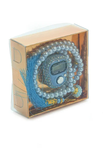 Hediyelik Taşlı Zikirmatik ve 99 lu İnci Tesbih Kutulu Set - Mavi - 3