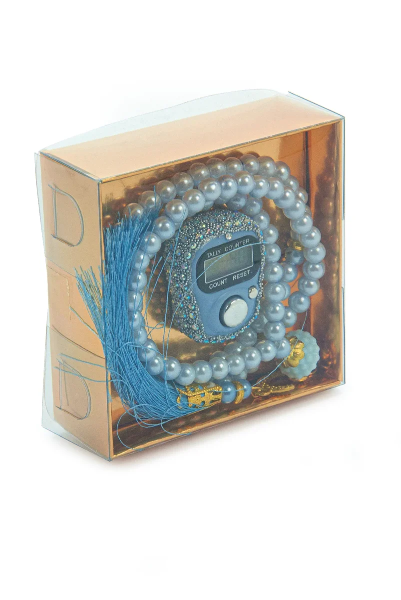 Hediyelik Taşlı Zikirmatik ve 99 lu İnci Tesbih Kutulu Set - Mavi - 3