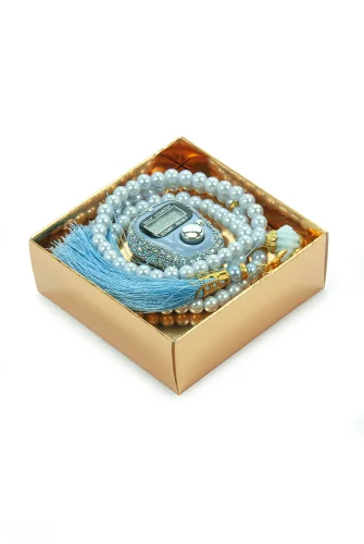 Hediyelik Taşlı Zikirmatik ve 99 lu İnci Tesbih Kutulu Set - Mavi - 4