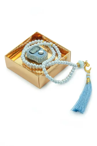 Hediyelik Taşlı Zikirmatik ve 99 lu İnci Tesbih Kutulu Set - Mavi - 5