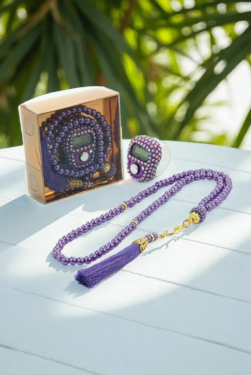 Hediyelik Taşlı Zikirmatik ve 99 lu İnci Tesbih Kutulu Set - Mor - 1