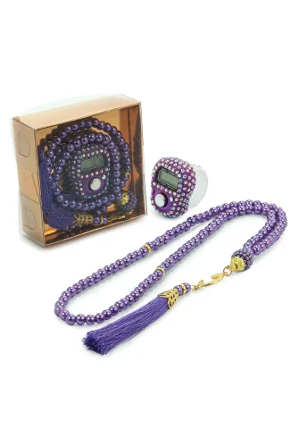 Hediyelik Taşlı Zikirmatik ve 99 lu İnci Tesbih Kutulu Set - Mor - ihvanonline (1)