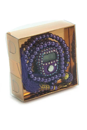 Hediyelik Taşlı Zikirmatik ve 99 lu İnci Tesbih Kutulu Set - Mor - 3