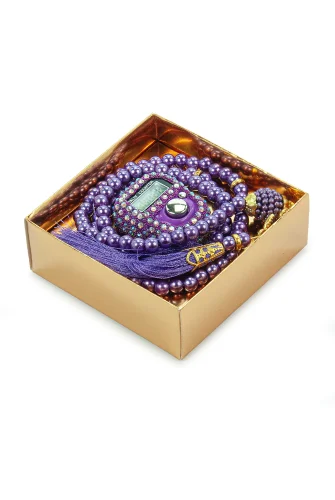 Hediyelik Taşlı Zikirmatik ve 99 lu İnci Tesbih Kutulu Set - Mor - 4