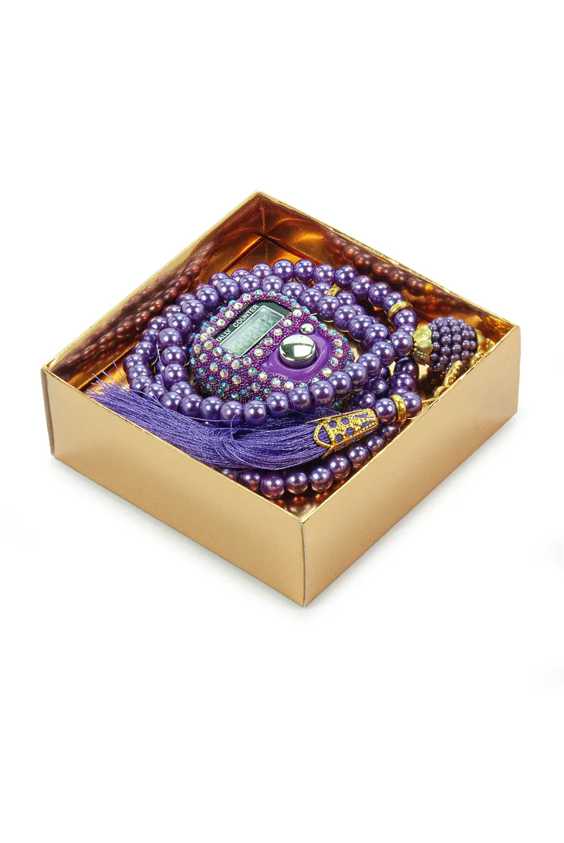 Hediyelik Taşlı Zikirmatik ve 99 lu İnci Tesbih Kutulu Set - Mor - 4