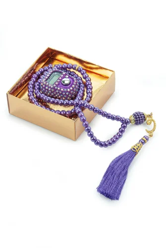 Hediyelik Taşlı Zikirmatik ve 99 lu İnci Tesbih Kutulu Set - Mor - 5