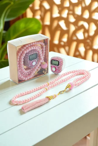 Hediyelik Taşlı Zikirmatik ve 99 lu İnci Tesbih Kutulu Set - Pembe 