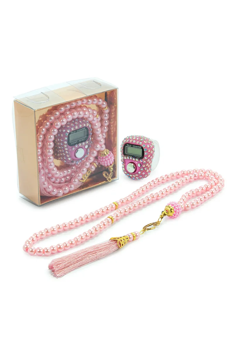 Hediyelik Taşlı Zikirmatik ve 99 lu İnci Tesbih Kutulu Set - Pembe - 2