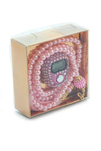 Hediyelik Taşlı Zikirmatik ve 99 lu İnci Tesbih Kutulu Set - Pembe - 3