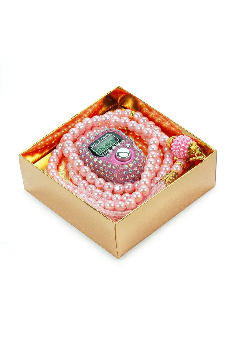 Hediyelik Taşlı Zikirmatik ve 99 lu İnci Tesbih Kutulu Set - Pembe - 4