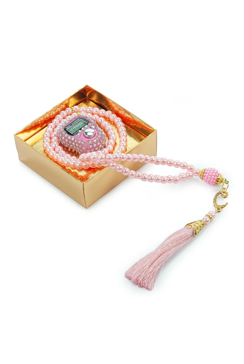 Hediyelik Taşlı Zikirmatik ve 99 lu İnci Tesbih Kutulu Set - Pembe - 5