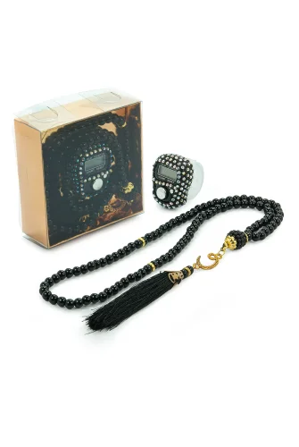 Hediyelik Taşlı Zikirmatik ve 99 lu İnci Tesbih Kutulu Set - Siyah - ihvanonline (1)