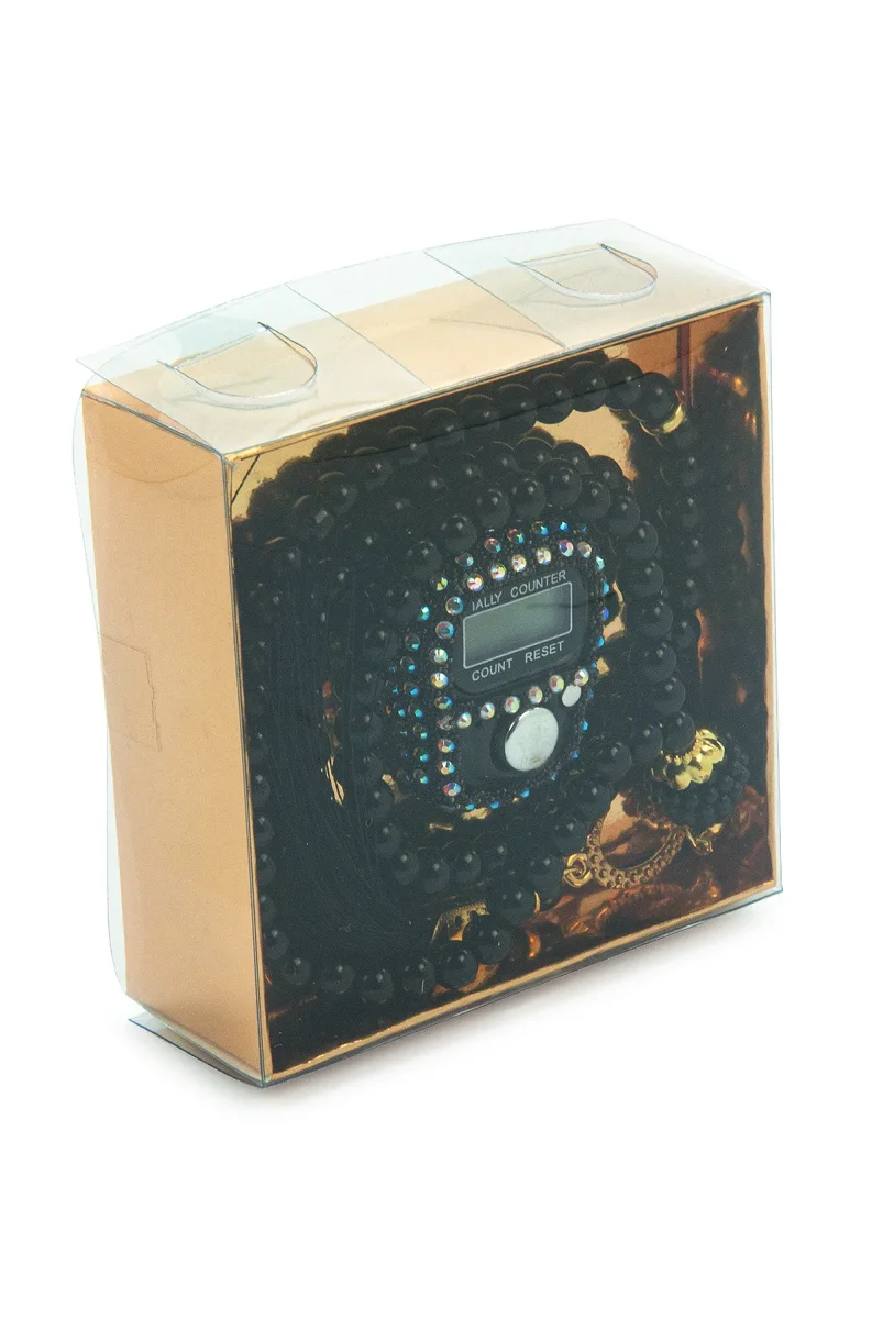 Hediyelik Taşlı Zikirmatik ve 99 lu İnci Tesbih Kutulu Set - Siyah - 3