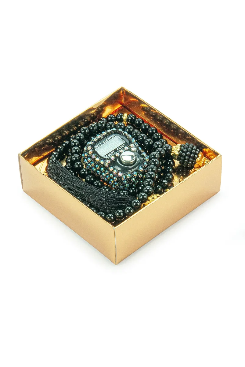 Hediyelik Taşlı Zikirmatik ve 99 lu İnci Tesbih Kutulu Set - Siyah - 4