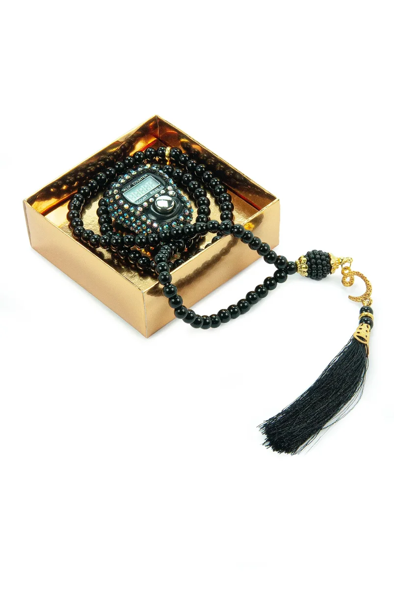 Hediyelik Taşlı Zikirmatik ve 99 lu İnci Tesbih Kutulu Set - Siyah - 5