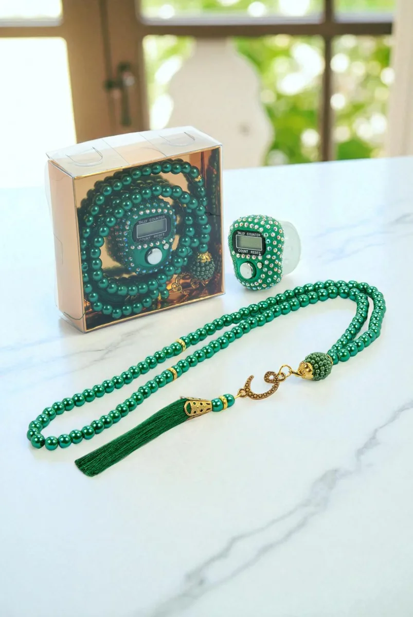 Hediyelik Taşlı Zikirmatik ve 99 lu İnci Tesbih Kutulu Set - Yeşil - 1