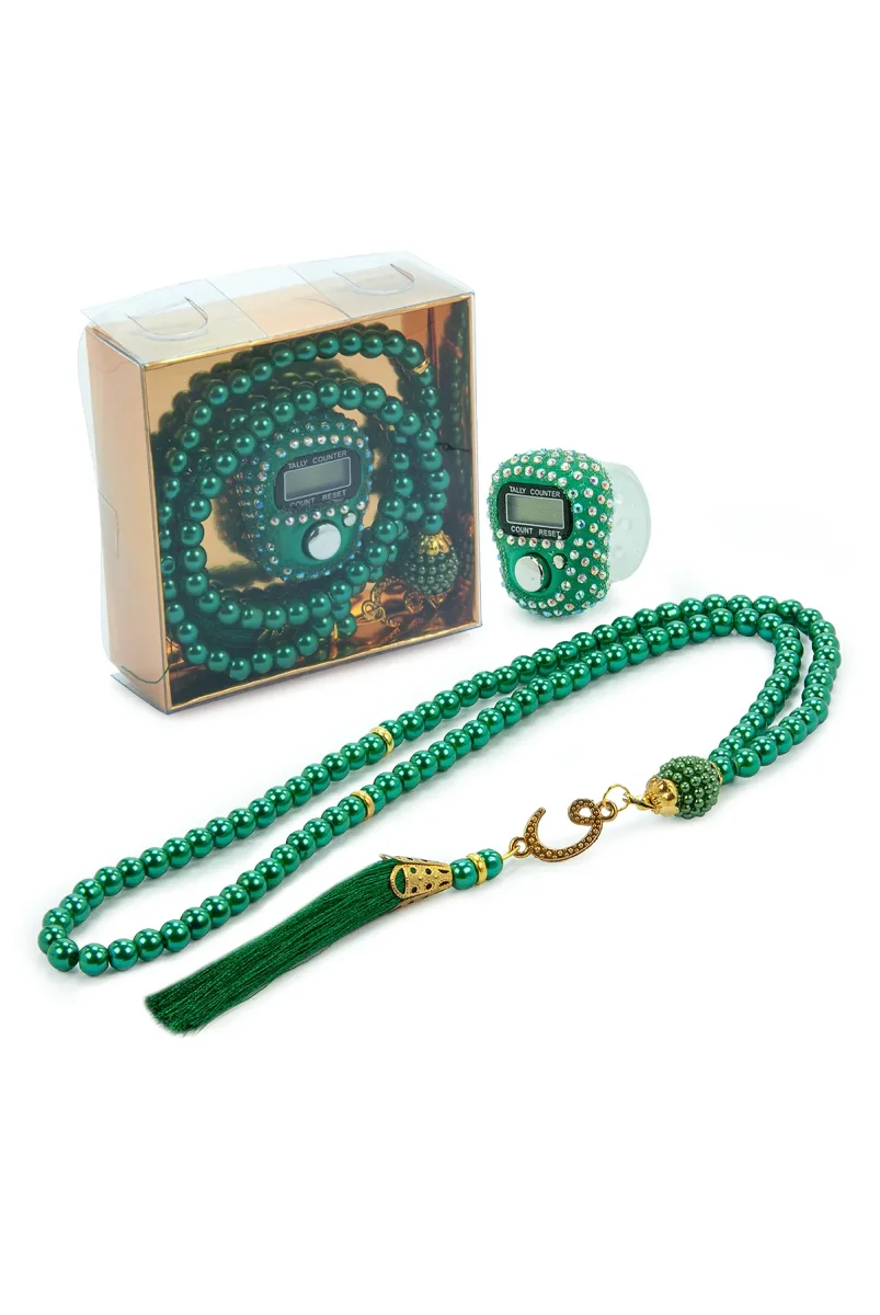 Hediyelik Taşlı Zikirmatik ve 99 lu İnci Tesbih Kutulu Set - Yeşil - 2