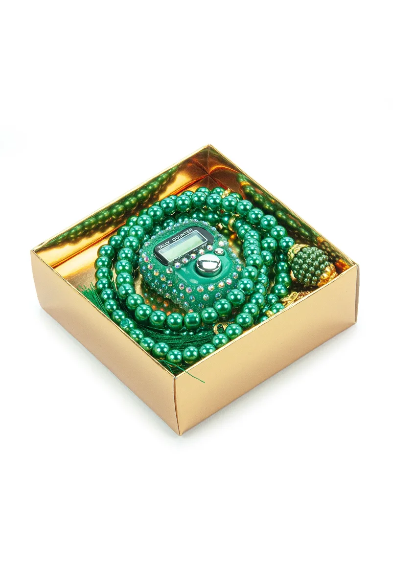 Hediyelik Taşlı Zikirmatik ve 99 lu İnci Tesbih Kutulu Set - Yeşil - 4