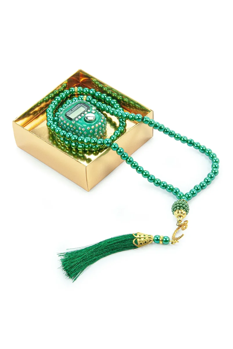 Hediyelik Taşlı Zikirmatik ve 99 lu İnci Tesbih Kutulu Set - Yeşil - 5