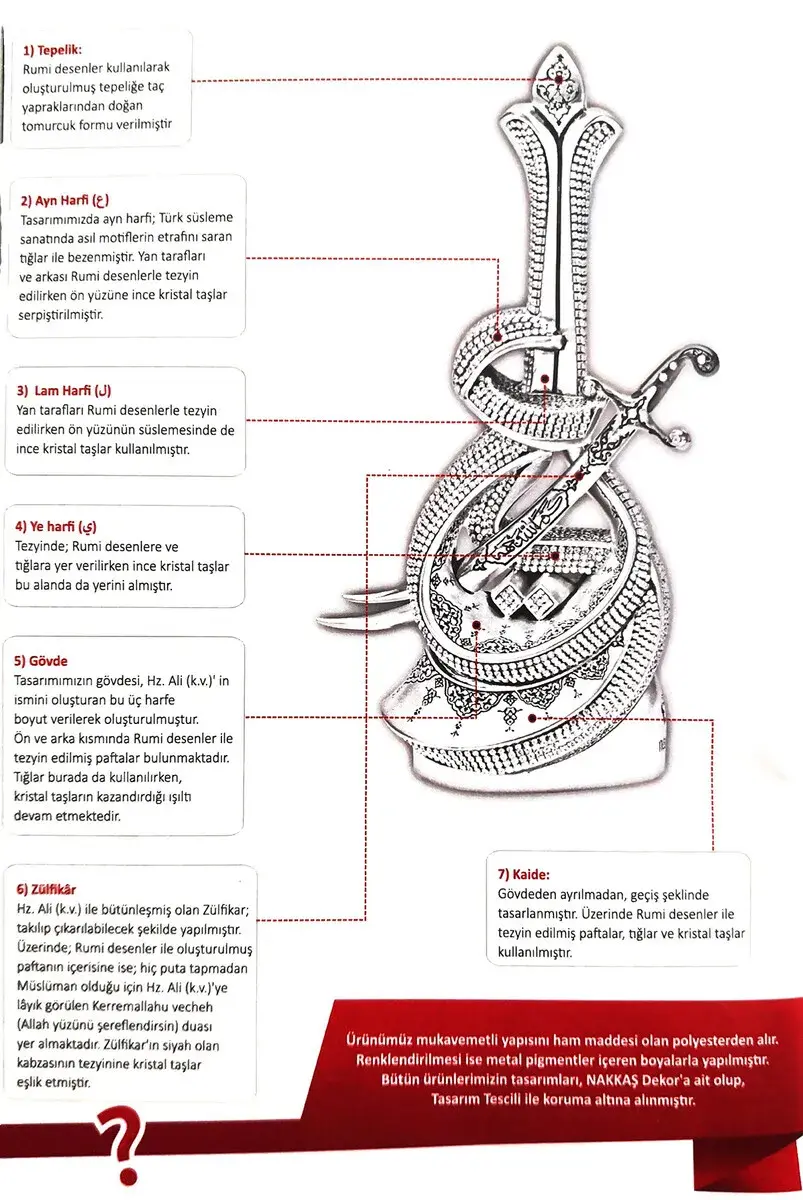Hz. Ali Written Zülfikar Sword Crystal Stone Religious Gift Trinket Yellow Gold Color Islamic Muslim Home Decoration Accessories - 3