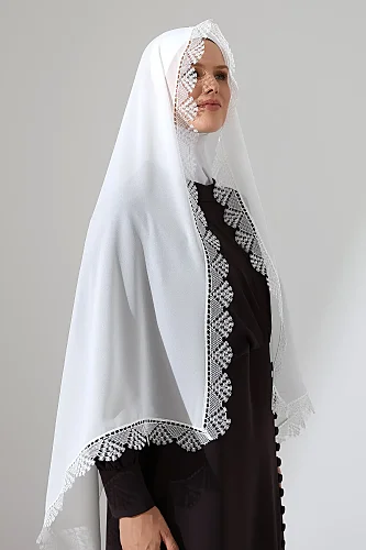 İğne Oyalı Dantelli Güpürlü Eşarp Demor Mevlüt Örtüsü Namaz Örtüsü Başak Motifli Beyaz (SNL) - ihvanonline (1)