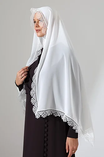 İğne Oyalı Dantelli Güpürlü Eşarp Demor Mevlüt Örtüsü Namaz Örtüsü Başak Motifli Beyaz (SNL) - 5