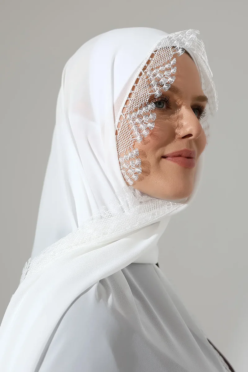 İğne Oyalı Dantelli Güpürlü Eşarp Demor Mevlüt Örtüsü Namaz Örtüsü Başak Motifli Beyaz (SNL) - 3