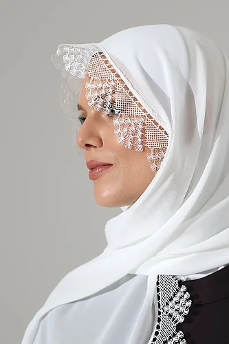 İğne Oyalı Dantelli Güpürlü Eşarp Demor Mevlüt Örtüsü Namaz Örtüsü Başak Motifli Beyaz (SNL) - 8