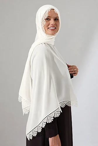 İğne Oyalı Dantelli Güpürlü Eşarp Demor Mevlüt Örtüsü Namaz Örtüsü Başak Motifli Krem (2946) - 2
