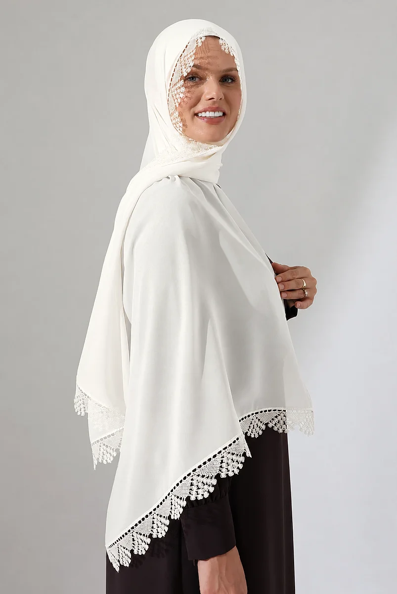 İğne Oyalı Dantelli Güpürlü Eşarp Demor Mevlüt Örtüsü Namaz Örtüsü Başak Motifli Krem (2946) - 2