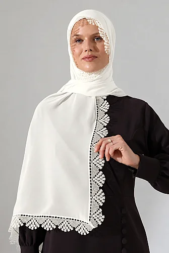 İğne Oyalı Dantelli Güpürlü Eşarp Demor Mevlüt Örtüsü Namaz Örtüsü Başak Motifli Krem (2946) - 1