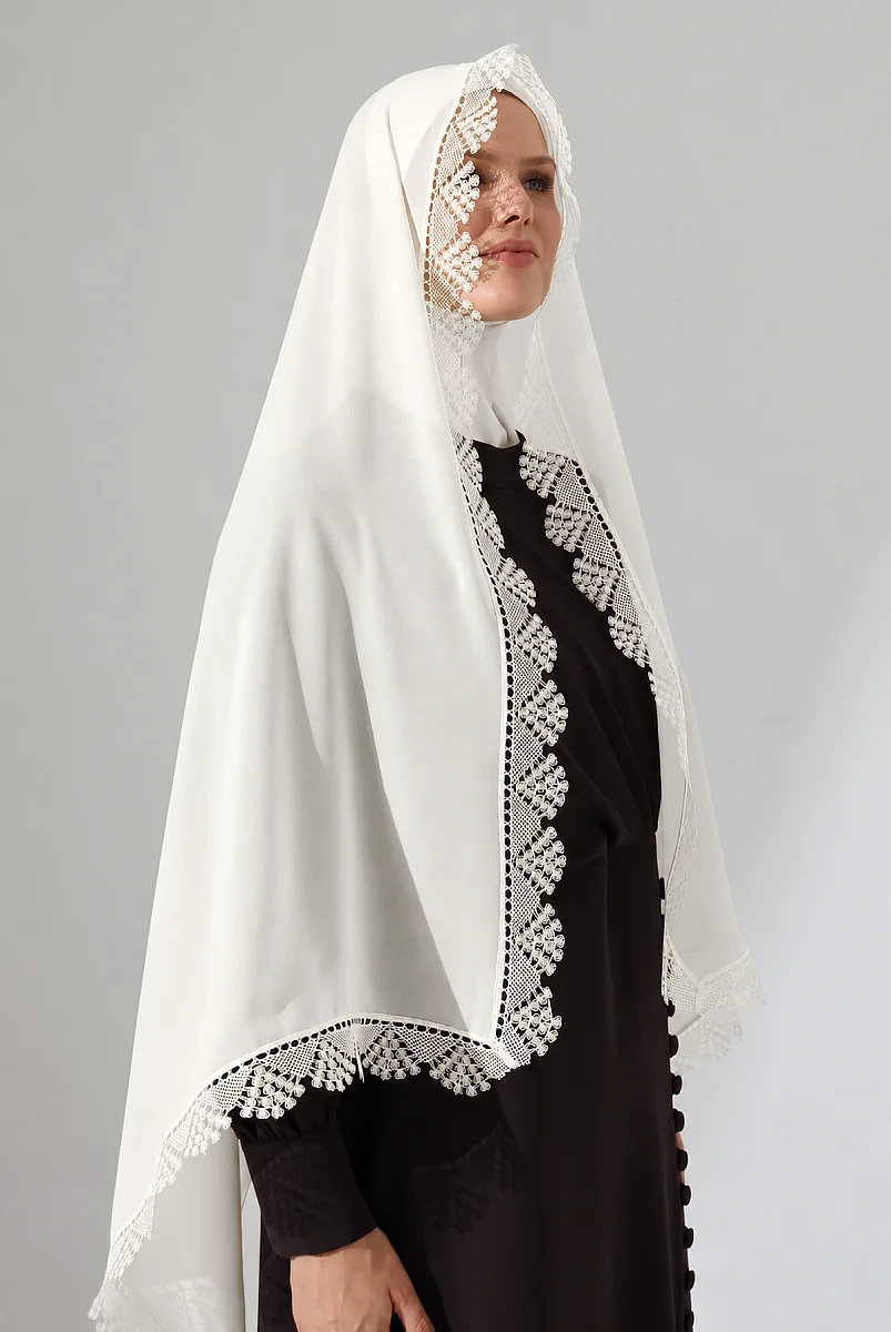 İğne Oyalı Dantelli Güpürlü Eşarp Demor Mevlüt Örtüsü Namaz Örtüsü Başak Motifli Krem (2946) - 3