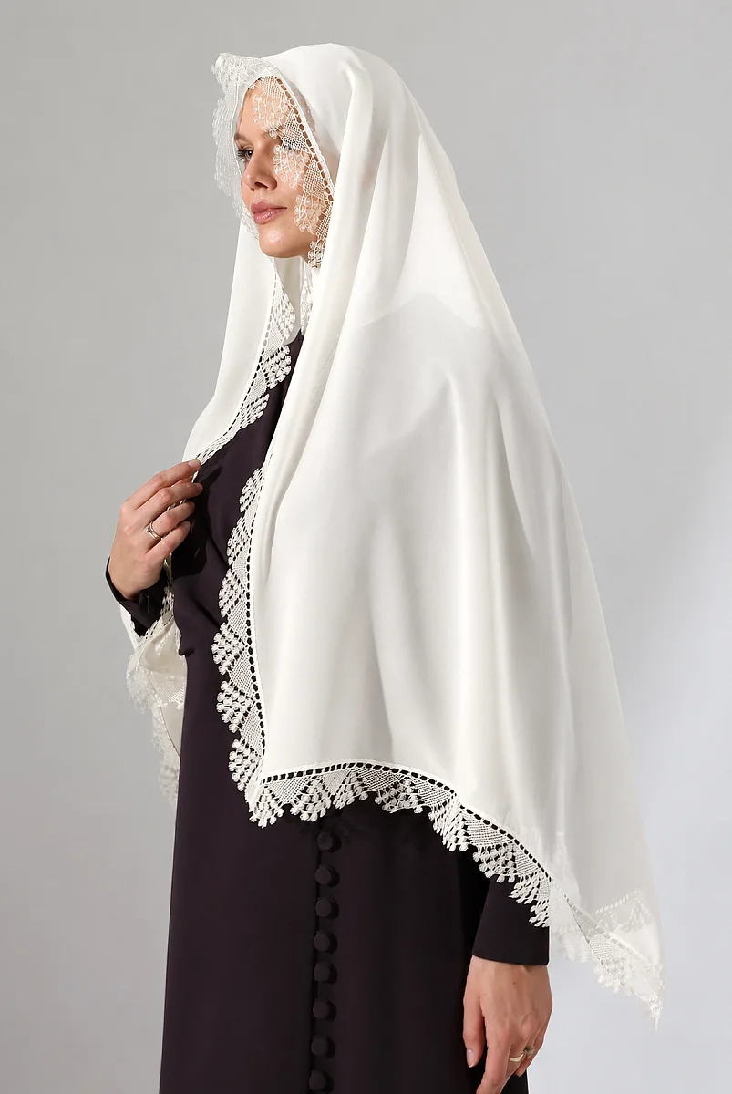 İğne Oyalı Dantelli Güpürlü Eşarp Demor Mevlüt Örtüsü Namaz Örtüsü Başak Motifli Krem (2946) - 5