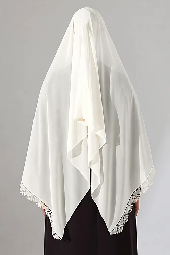 İğne Oyalı Dantelli Güpürlü Eşarp Demor Mevlüt Örtüsü Namaz Örtüsü Başak Motifli Krem (2946) - 8