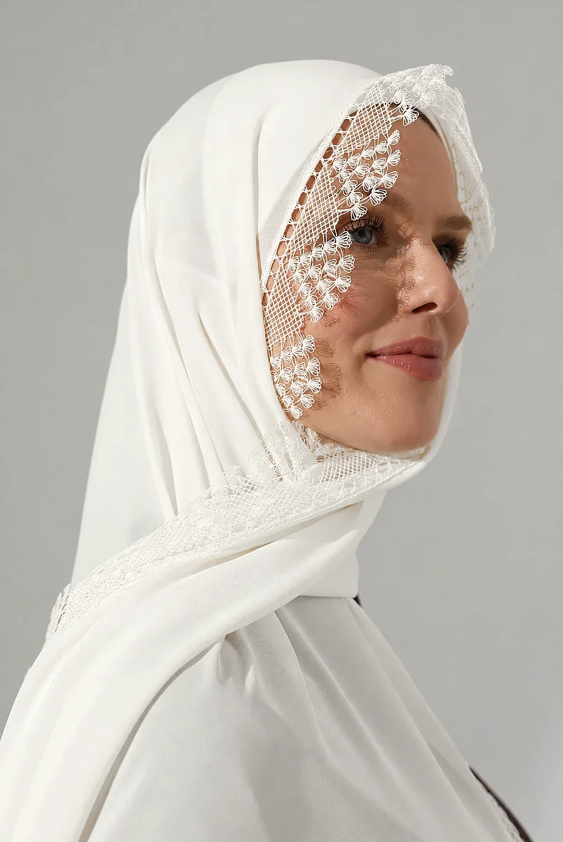 İğne Oyalı Dantelli Güpürlü Eşarp Demor Mevlüt Örtüsü Namaz Örtüsü Başak Motifli Krem (2946) - 6