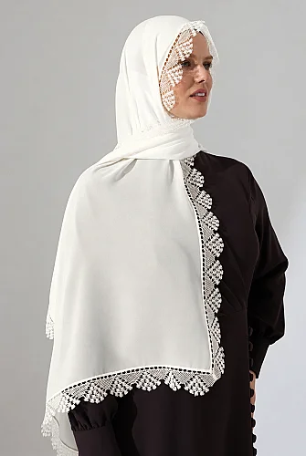 İğne Oyalı Dantelli Güpürlü Eşarp Demor Mevlüt Örtüsü Namaz Örtüsü Başak Motifli Krem (2946) - 4