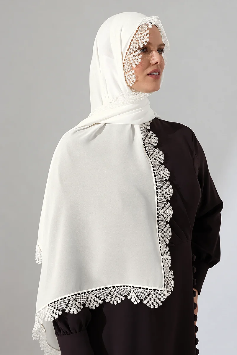 İğne Oyalı Dantelli Güpürlü Eşarp Demor Mevlüt Örtüsü Namaz Örtüsü Başak Motifli Krem (2946) - 4