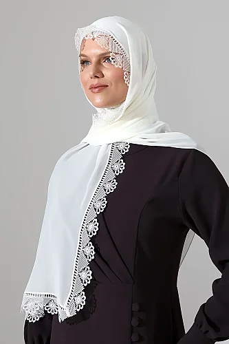 İğne Oyalı Dantelli Güpürlü Eşarp Demor Mevlüt Örtüsü Namaz Örtüsü Çiçek Motifli Beyaz (SNL) - 3