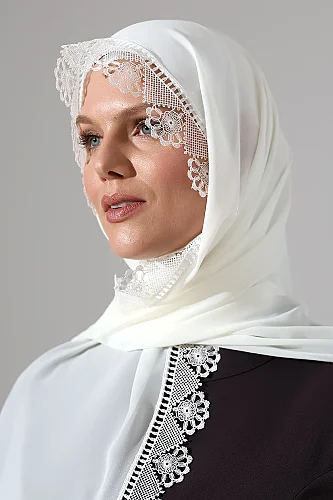 İğne Oyalı Dantelli Güpürlü Eşarp Demor Mevlüt Örtüsü Namaz Örtüsü Çiçek Motifli Beyaz (SNL) - 5