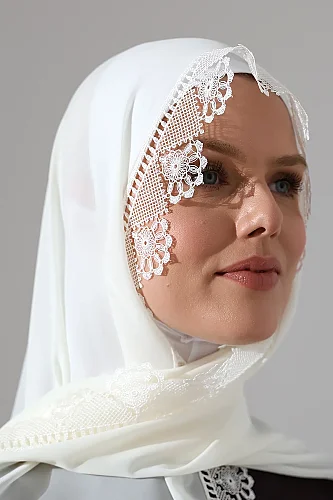 İğne Oyalı Dantelli Güpürlü Eşarp Demor Mevlüt Örtüsü Namaz Örtüsü Çiçek Motifli Beyaz (SNL) - 6
