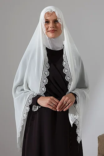 İğne Oyalı Dantelli Güpürlü Eşarp Demor Mevlüt Örtüsü Namaz Örtüsü Çiçek Motifli Beyaz (SNL) - ihvanonline (1)