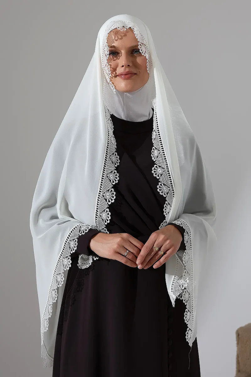 İğne Oyalı Dantelli Güpürlü Eşarp Demor Mevlüt Örtüsü Namaz Örtüsü Çiçek Motifli Beyaz (SNL) - 2