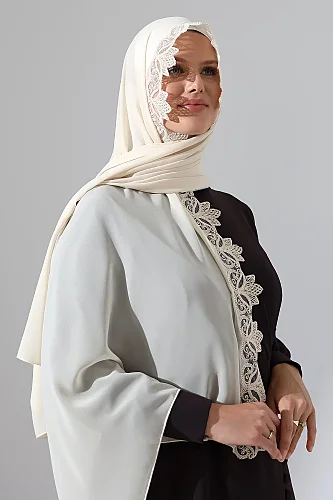 İğne Oyalı Dantelli Güpürlü Eşarp Demor Mevlüt Örtüsü Namaz Örtüsü Krem (SNL) - ihvanonline (1)