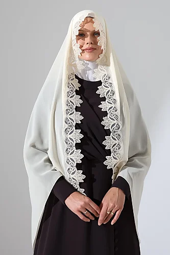 İğne Oyalı Dantelli Güpürlü Eşarp Demor Mevlüt Örtüsü Namaz Örtüsü Krem (SNL) - 3