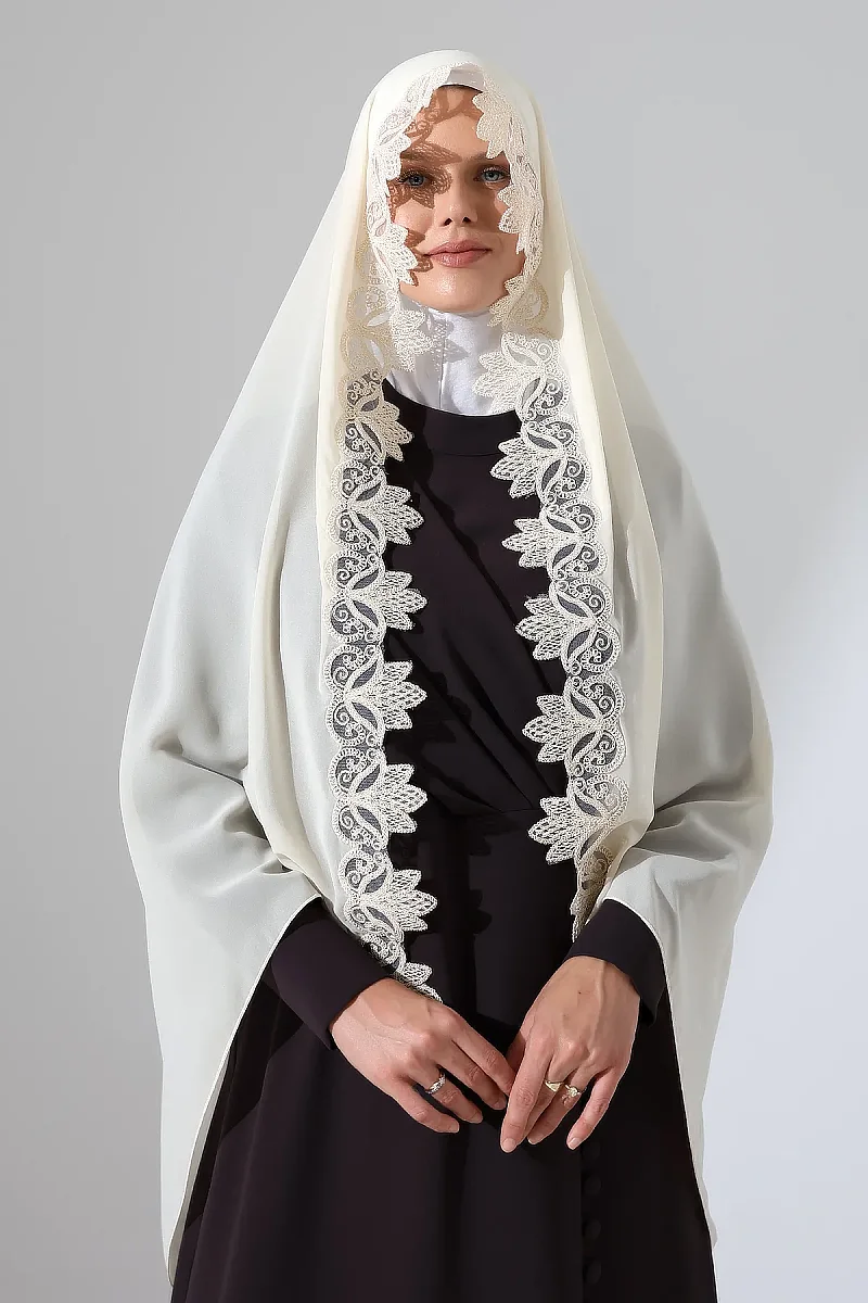 İğne Oyalı Dantelli Güpürlü Eşarp Demor Mevlüt Örtüsü Namaz Örtüsü Krem (SNL) - 3