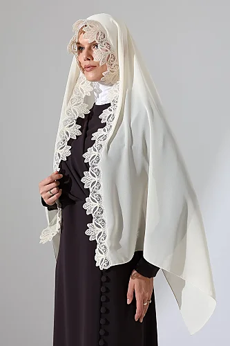 İğne Oyalı Dantelli Güpürlü Eşarp Demor Mevlüt Örtüsü Namaz Örtüsü Krem (SNL) - 7