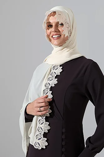 İğne Oyalı Dantelli Güpürlü Eşarp Demor Mevlüt Örtüsü Namaz Örtüsü Krem (SNL) - 8
