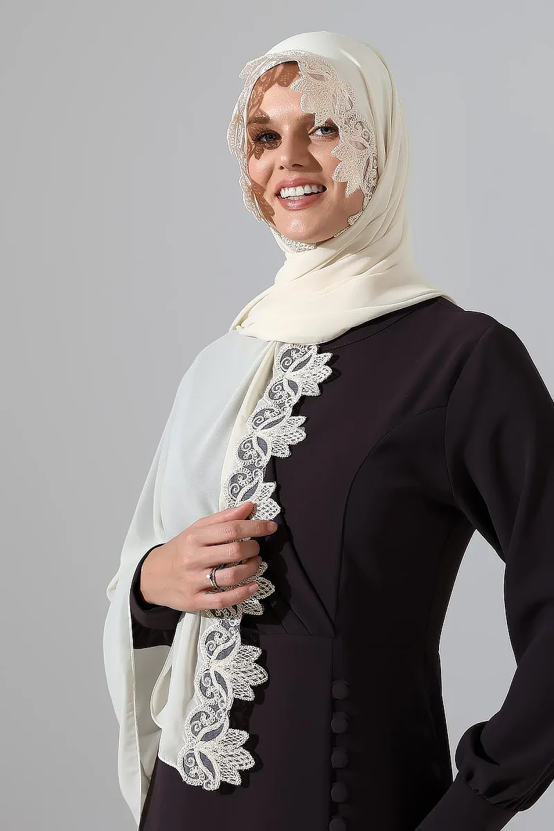 İğne Oyalı Dantelli Güpürlü Eşarp Demor Mevlüt Örtüsü Namaz Örtüsü Krem (SNL) - 8