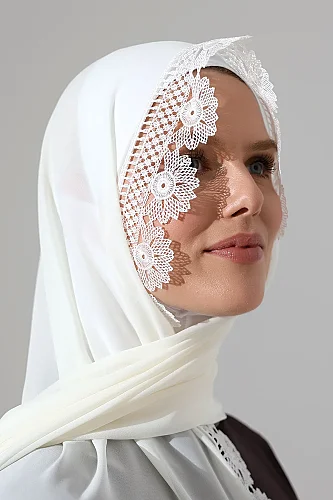 İğne Oyalı Dantelli Güpürlü Eşarp Demor Mevlüt Örtüsü Namaz Örtüsü Papatya Motifli Beyaz (SNL) - 3