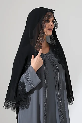 İğne Oyalı Dantelli Güpürlü Eşarp Demor Mevlüt Örtüsü Namaz Örtüsü Papatya Motifli Siyah (SNL) - 2